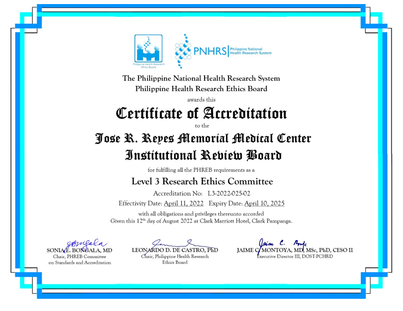 PHREB L3 2022 025 02 Jose R Reyes Memorial Medical Center IRB Acrreditation Certificate 001